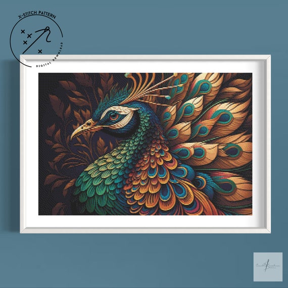 Abstract Peacock Cross Stitch Pattern, Full Cover X Stitch, Downloadable Cross Stitch Chart, PDF, DMC X-Stitch Pattern