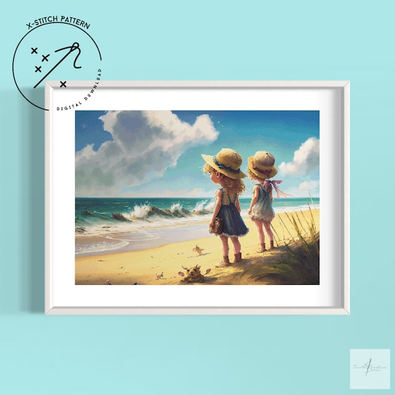 On the Beach Counted Cross Stitch Pattern, Full Cover, Downloadable DMC Cross Stitch Chart, Cute X-Stitch PDF Pattern