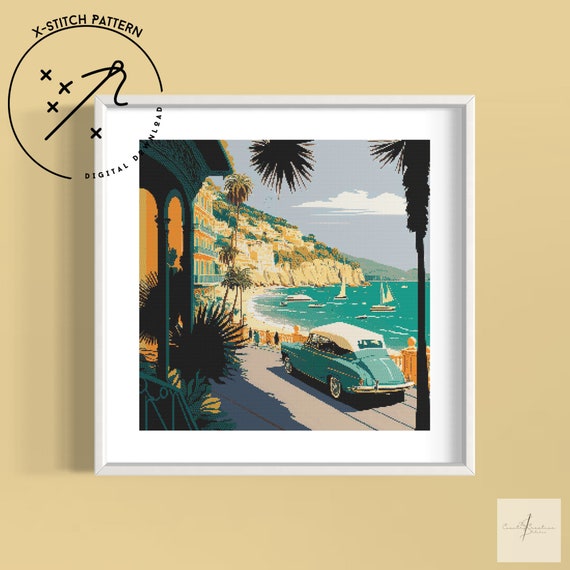 French Riviera Counted Cross Stitch Pattern, Full Cover X Stitch, Downloadable Cross Stitch Chart, Square X-Stitch Pattern, PDF, DMC