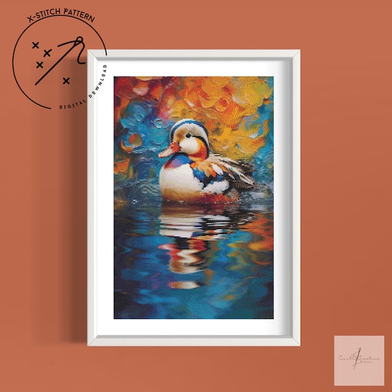 Mandarin Duck Counted Cross Stitch Pattern, Full Coverage X Stitch, Downloadable Cross Stitch Chart, Harbour, DMC, PDF
