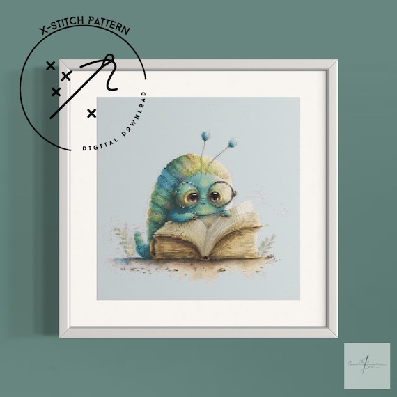 Bookworm Counted Cross Stitch Pattern, Full Cover X Stitch, Downloadable Cross Stitch Chart, DMC, PDF