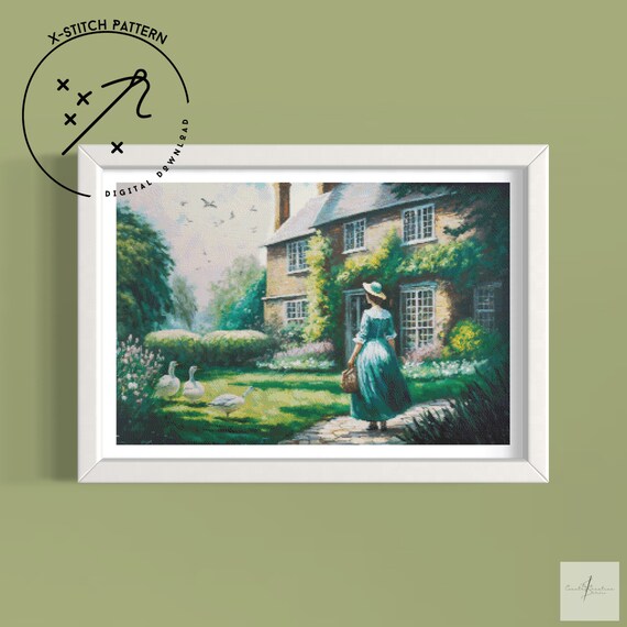 Geese in the Garden Counted Cross Stitch Pattern, Full Coverage X Stitch, Downloadable Cross Stitch Chart, DMC, PDF