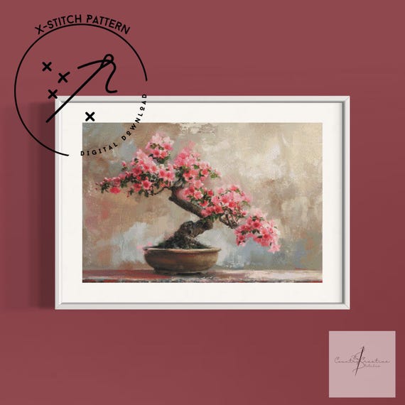 Pink Bonsai Counted Cross Stitch Pattern, Full Cover X Stitch, Downloadable Cross Stitch Chart, DMC, PDF