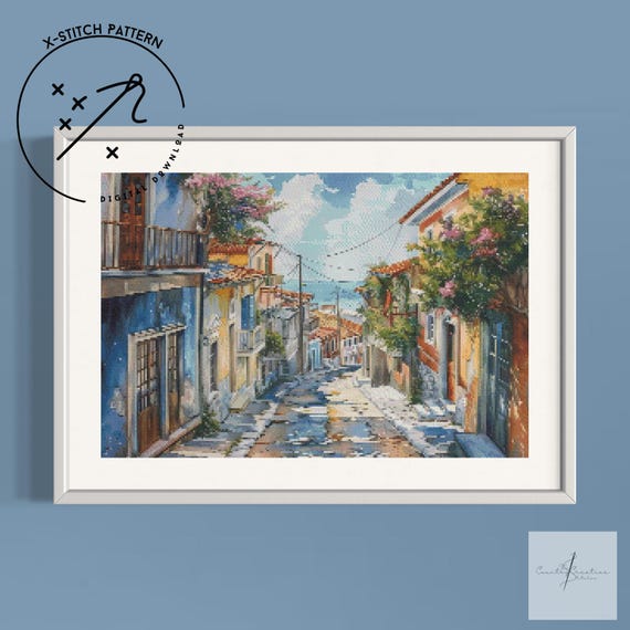 Greece Streets Counted Cross Stitch Pattern, Downloadable DMC Cross Stitch Chart, Colourful X-Stitch Pattern, PDF, DMC