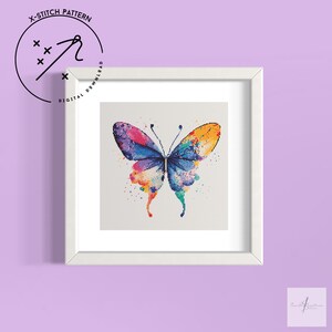 Patrón de punto de cruz contado de mariposa colorida, bordado a mano, gráfico de punto de cruz DMC descargable, patrón PDF de punto X simple