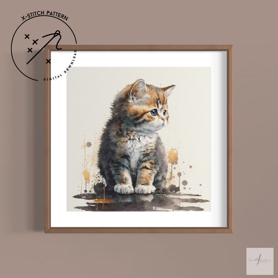 Cute Kitten Counted Cross Stitch Pattern, Watercolour Full Cover, Downloadable DMC Cross Stitch Chart, Cute X-Stitch PDF Pattern
