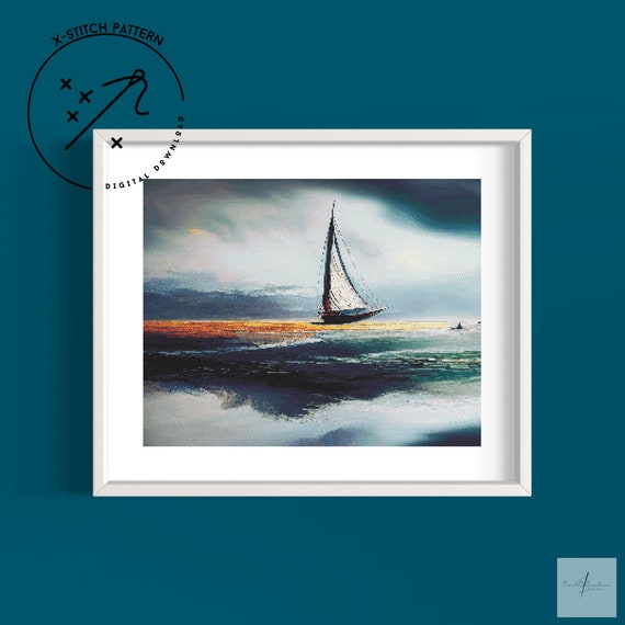 Modern Sailboat Counted Cross Stitch Pattern, Full Cover X Stitch, Downloadable Cross Stitch Chart, Intricate X-Stitch Pattern