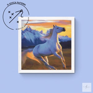Patrón de punto de cruz contado de caballo al atardecer, punto X cuadrado, gráfico de punto de cruz DMC descargable, patrón de punto X animal