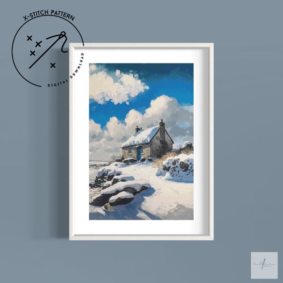The Winter Cottage Counted Cross Stitch Pattern, Full Coverage X Stitch, Downloadable Cross Stitch Chart, PDF, DMC, Landscape