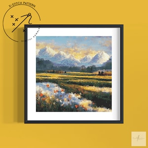 Verschneite Berge gezählt Kreuzstichmuster, vollständige Abdeckung X Stich, herunterladbare Kreuzstichtabelle, druckbare PDF-Datei, Handstickerei