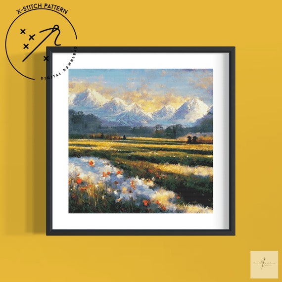 Snowy Mountains Counted Cross Stitch Pattern, Full Cover X Stitch, Downloadable Cross Stitch Chart, Printable PDF, Hand Embroidary
