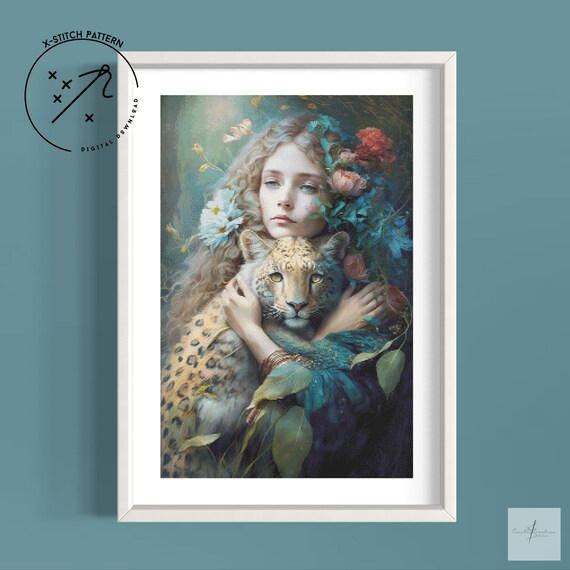 Leopard Lady Counted X-Stitch Pattern, Full Coverage Cross Stitch, Downloadable Cross Stitch Chart, Large X-Stitch Pattern, DMC, PDF