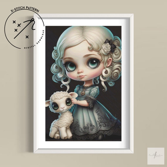Mary and her Little Lamb Cross Stitch Pattern, Full Cover X Stitch, Downloadable Cross Stitch Chart, Large X-Stitch Pattern, DMC, PDF