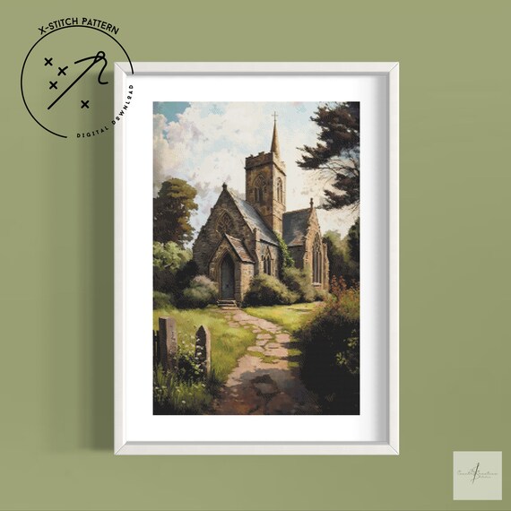 The Stone Church Counted Cross Stitch Pattern, Full Coverage X Stitch, Downloadable Cross Stitch Chart, PDF, DMC, Landscape