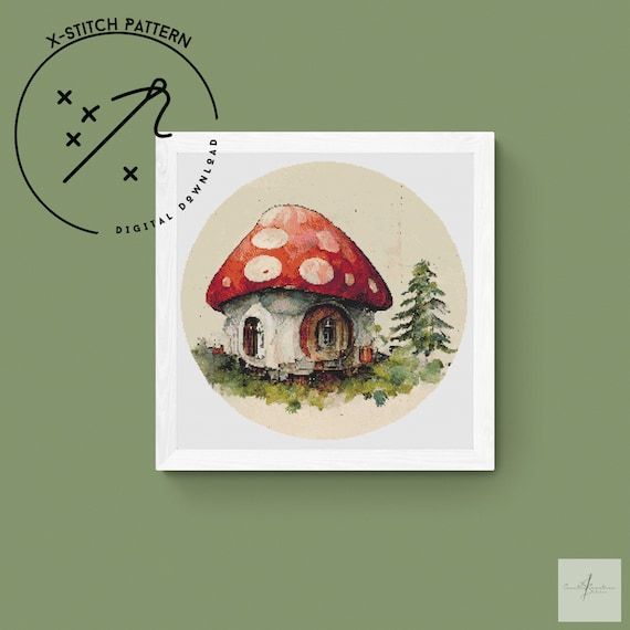 Mushroom House Counted Cross Stitch Pattern, Round X Stitch, Downloadable DMC Cross Stitch Chart, Cute X-Stitch Pattern, Fairy House