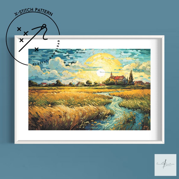 Wheat Fields Counted Cross Stitch Pattern, Downloadable DMC Cross Stitch Chart, Landscape X-Stitch Pattern, PDF, DMC