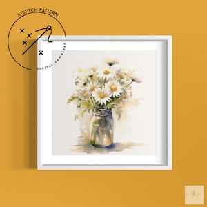 Daisies Cross Stitch Pattern, Watercolour Full Cover X Stitch, Downloadable Cross Stitch Chart, PDF, DMC X-Stitch Pattern