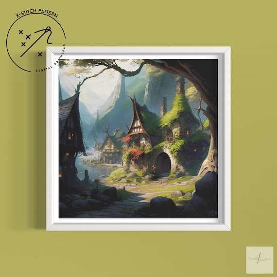 Elven Village Counted Cross Stitch Pattern, Full Coverage X Stitch, Downloadable Cross Stitch Chart, X-Stitch PDF, Hand Embroidary