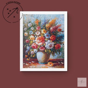 Bloemen in vaas geteld kruissteekpatroon, vintage X-steek, downloadbaar kruissteekschema, stilleven