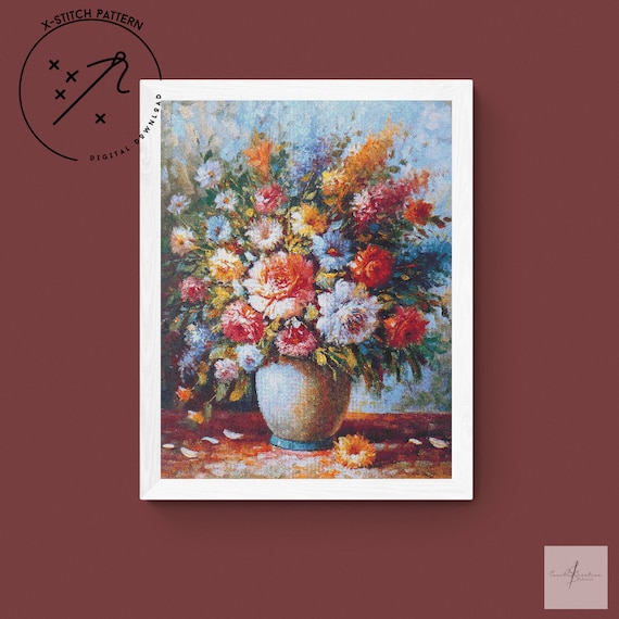Flowers in Vase Counted Cross Stitch Pattern, Vintage X Stitch, Downloadable Cross Stitch Chart, Still Life