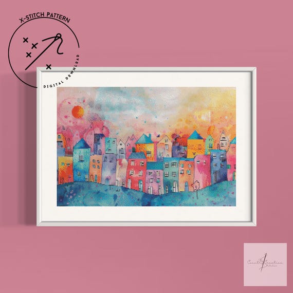 Gone to Town Counted Cross Stitch Pattern, Downloadable DMC Cross Stitch Chart, Cityscape X-Stitch Pattern, PDF, DMC