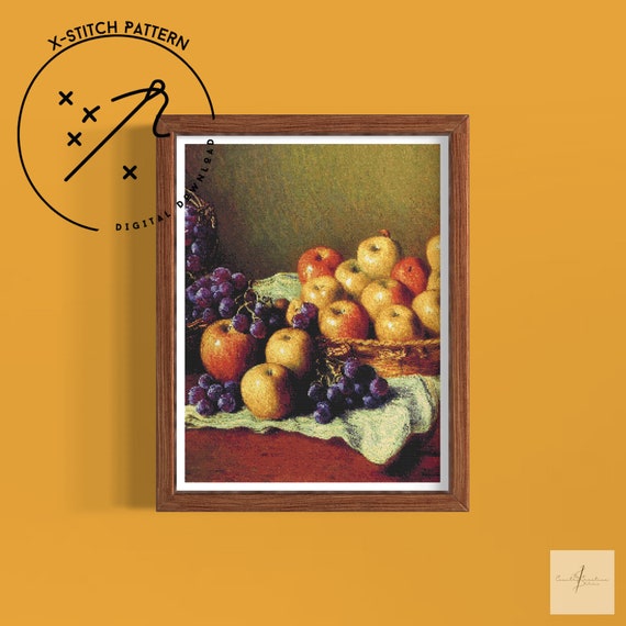 Still Life with Apples Counted Cross Stitch Pattern, Classic Stitch, Downloadable Cross Stitch Chart, DMC, PDF Chart