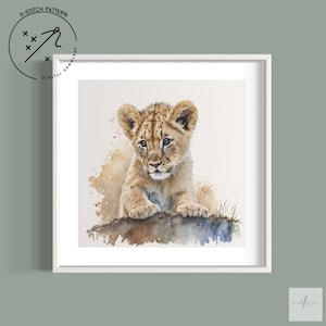 Löwenjunges Kreuzstichmuster, Aquarell Volldeckung, herunterladbare DMC-Kreuzstichtabelle, süßes X-Stitch PDF-Muster