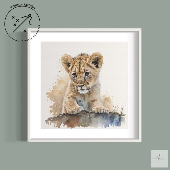 Lion Cub Counted Cross Stitch Pattern, Watercolour Full Cover, Downloadable DMC Cross Stitch Chart, Cute X-Stitch PDF Pattern
