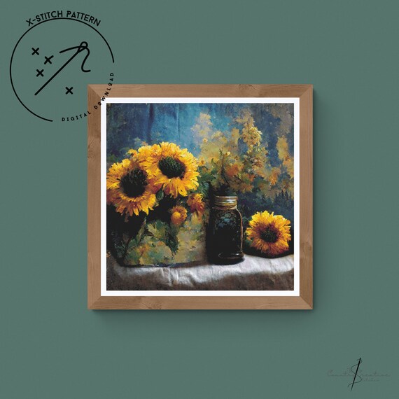 Sunflower Still Life Counted Cross Stitch Pattern, Modern X Stitch, Downloadable Cross Stitch Chart