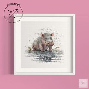 Cute baby Hippo Counted Cross Stitch Pattern, Full Cover, Downloadable DMC Cross Stitch Chart, Cute X-Stitch PDF Pattern