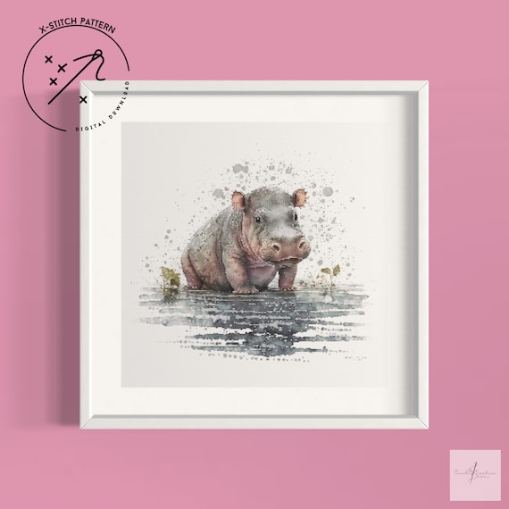 Cute baby Hippo Counted Cross Stitch Pattern, Full Cover, Downloadable DMC Cross Stitch Chart, Cute X-Stitch PDF Pattern
