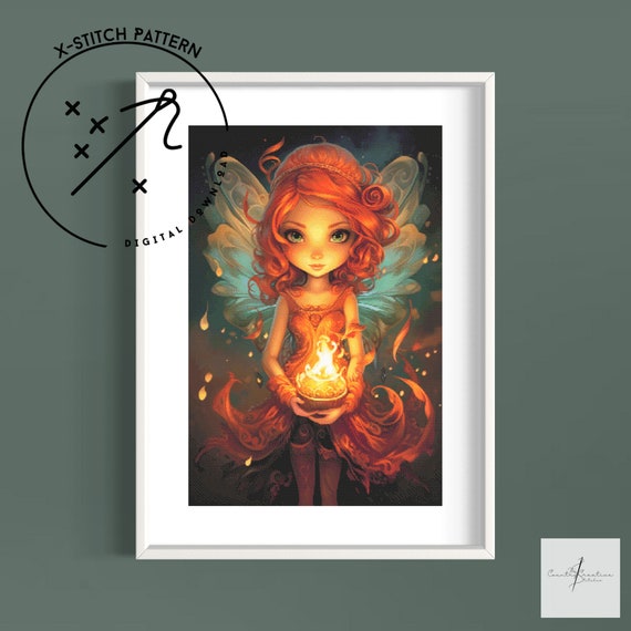 Fire Fairy Counted Cross Stitch Pattern, Downloadable DMC Cross Stitch Chart, Fantasy X-Stitch Pattern, PDF, DMC