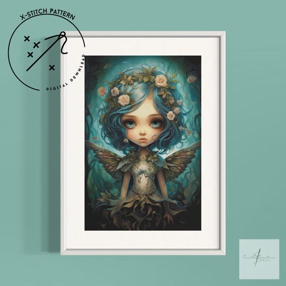 Blue Angel Counted Cross Stitch Pattern, Downloadable DMC Cross Stitch Chart, Fairy X-Stitch Pattern, PDF, DMC