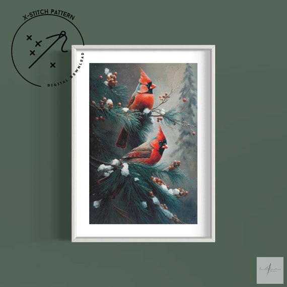 Winter Cardinals Counted Cross Stitch Pattern, Downloadable DMC Cross Stitch Chart, Bird X-Stitch Pattern, PDF, DMC