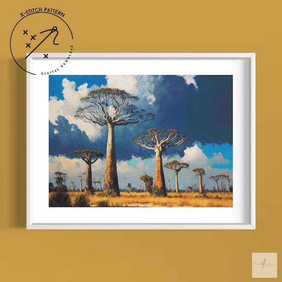 Madagascar Baobabs Counted Cross Stitch Pattern, Full Cover X Stitch, Downloadable Cross Stitch Chart, X-Stitch PDF, Hand Embroidary