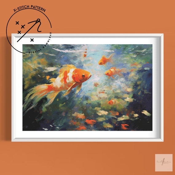 Gold Fish, Counted Cross Stitch Pattern, Downloadable Cross Stitch Chart, PDF, Large Full Animal Cover XStitch