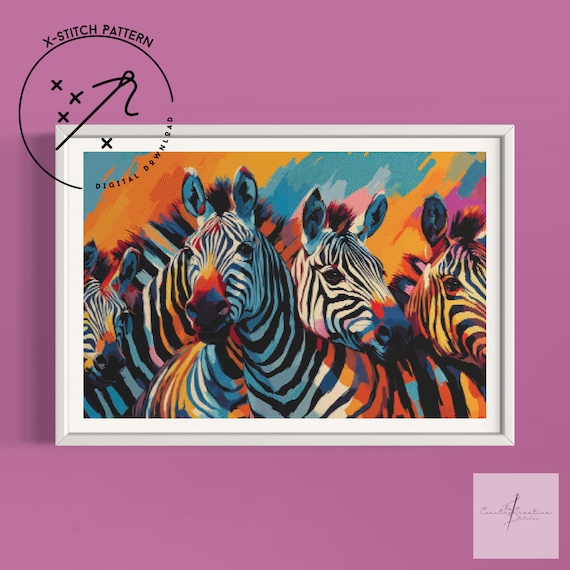 Zingy Zebras Counted Cross Stitch Pattern, Downloadable DMC Cross Stitch Chart, Landscape X-Stitch Pattern, PDF, DMC