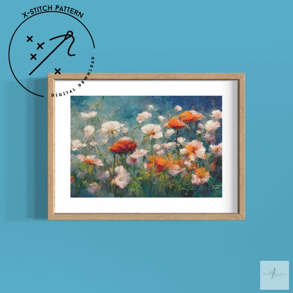 Flowers in a Field Counted Cross Stitch Pattern, Full Cover X Stitch, Downloadable Cross Stitch Chart, DMC, PDF