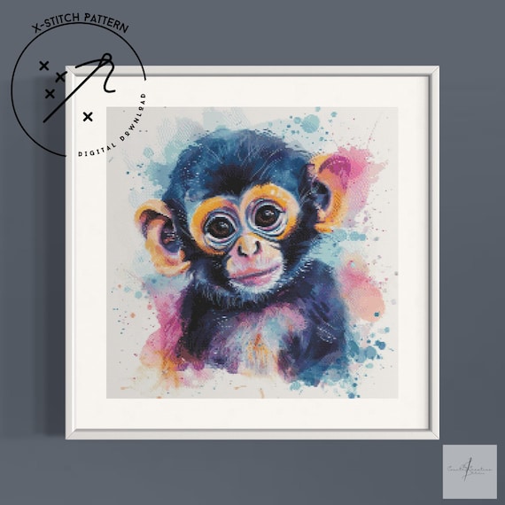 Monkey Trouble Counted Cross Stitch Pattern, Downloadable DMC Cross Stitch Chart, Animal X-Stitch Pattern, PDF, DMC