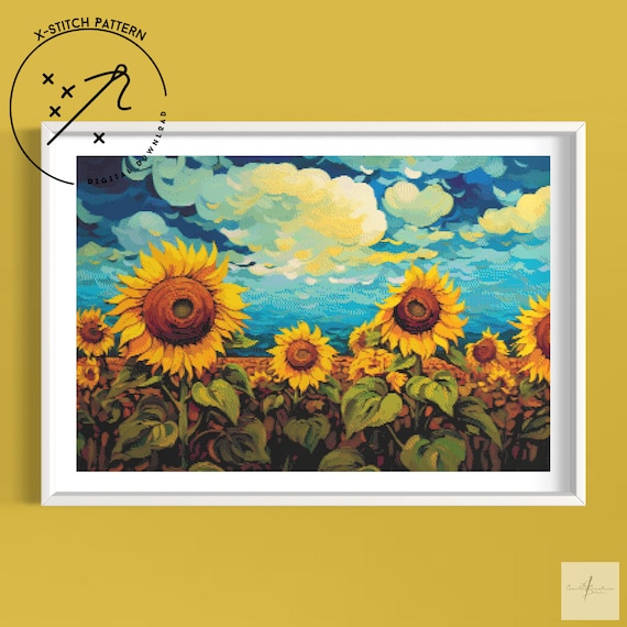 Sunflower Fields, Counted Cross Stitch Pattern, Downloadable Cross Stitch Chart, PDF, Large Full Animal Cover XStitch