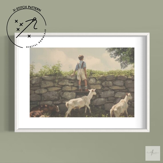 The Goat Herder Counted Cross Stitch Pattern, Full Coverage X Stitch, Downloadable Cross Stitch Chart, PDF, DMC, Vintage