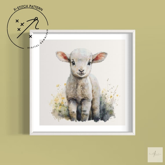 Little Lamb Counted Cross Stitch Pattern, Watercolour Full Cover, Downloadable DMC Cross Stitch Chart, Cute X-Stitch PDF Pattern