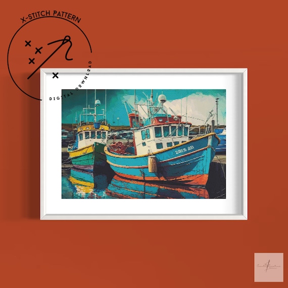 Fishing Boats Counted Cross Stitch Pattern, Full Coverage X Stitch, Downloadable Cross Stitch Chart, Harbour, DMC, PDF