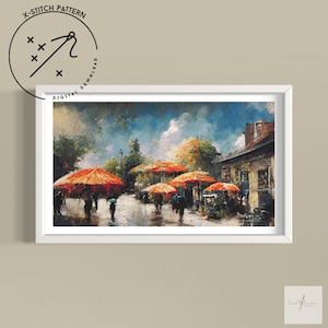 Orange Umbrellas Cross Stitch Pattern, Full Cover X Stitch, Downloadable Cross Stitch Chart, DMC, PDF