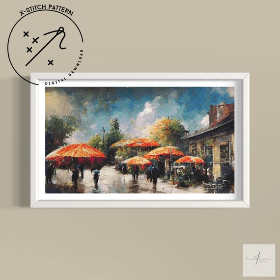 Orange Umbrellas Cross Stitch Pattern, Full Cover X Stitch, Downloadable Cross Stitch Chart, DMC, PDF