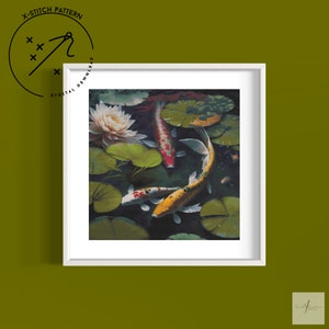 Koi Fish in a Lily Pond Counted Cross Stitch Pattern, Square X Stitch, Downloadable DMC Cross Stitch Chart,  X-Stitch Pattern, PDF