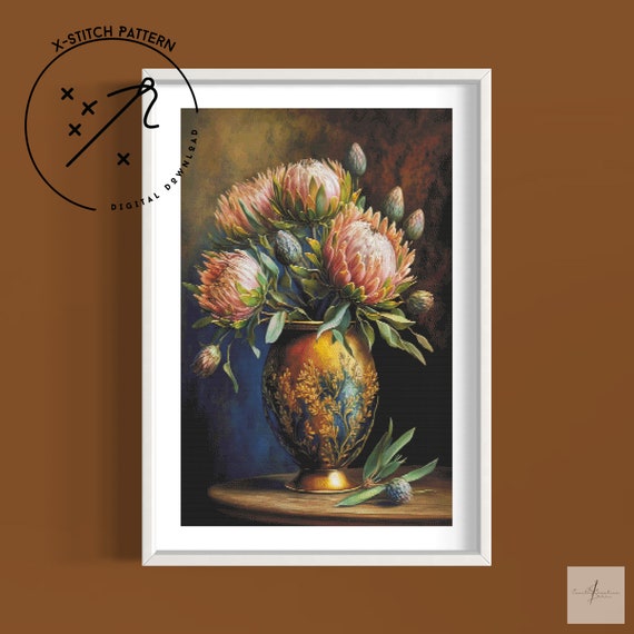 Proteas in a Vase Counted Cross Stitch Pattern, Modern X Stitch, Downloadable Cross Stitch Chart, PDF, DMC, Large Full Cover XStitch