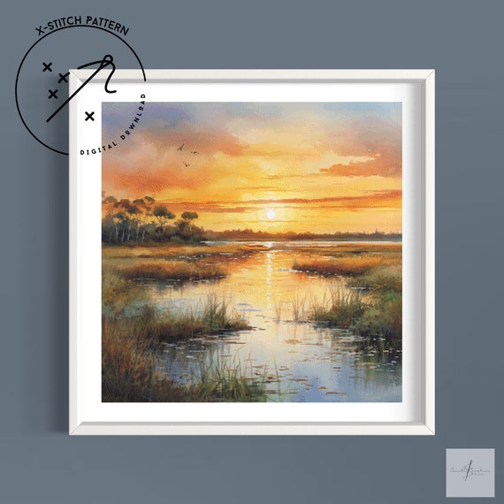 Summer sunset Counted Cross Stitch Pattern, Full Cover X Stitch, Downloadable Cross Stitch Chart, Large X-Stitch Pattern, DMC, PDF