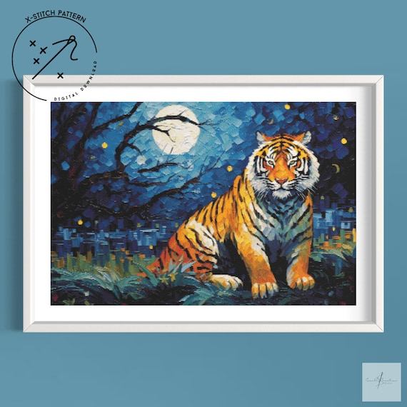 Night Tiger Counted Cross Stitch Pattern, Full Cover X Stitch, Downloadable Cross Stitch Chart, Large X-Stitch Pattern, DMC, PDF