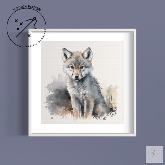 Watercolour Wolf Cub Counted Cross Stitch Pattern, Full Cover, Downloadable DMC Cross Stitch Chart, Cute X-Stitch PDF Pattern